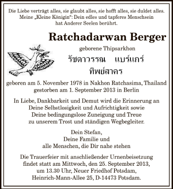 Todesanzeige von Ratchadarwan Berger von Trierischer Volksfreund